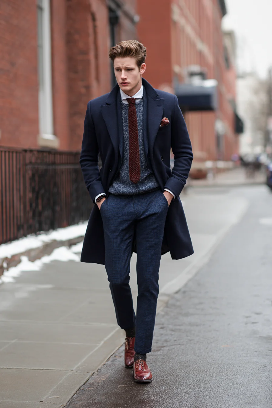 Navy Overcoat with Tailored Trousers and Burgundy Accents — Smart-Casual Winter Style
