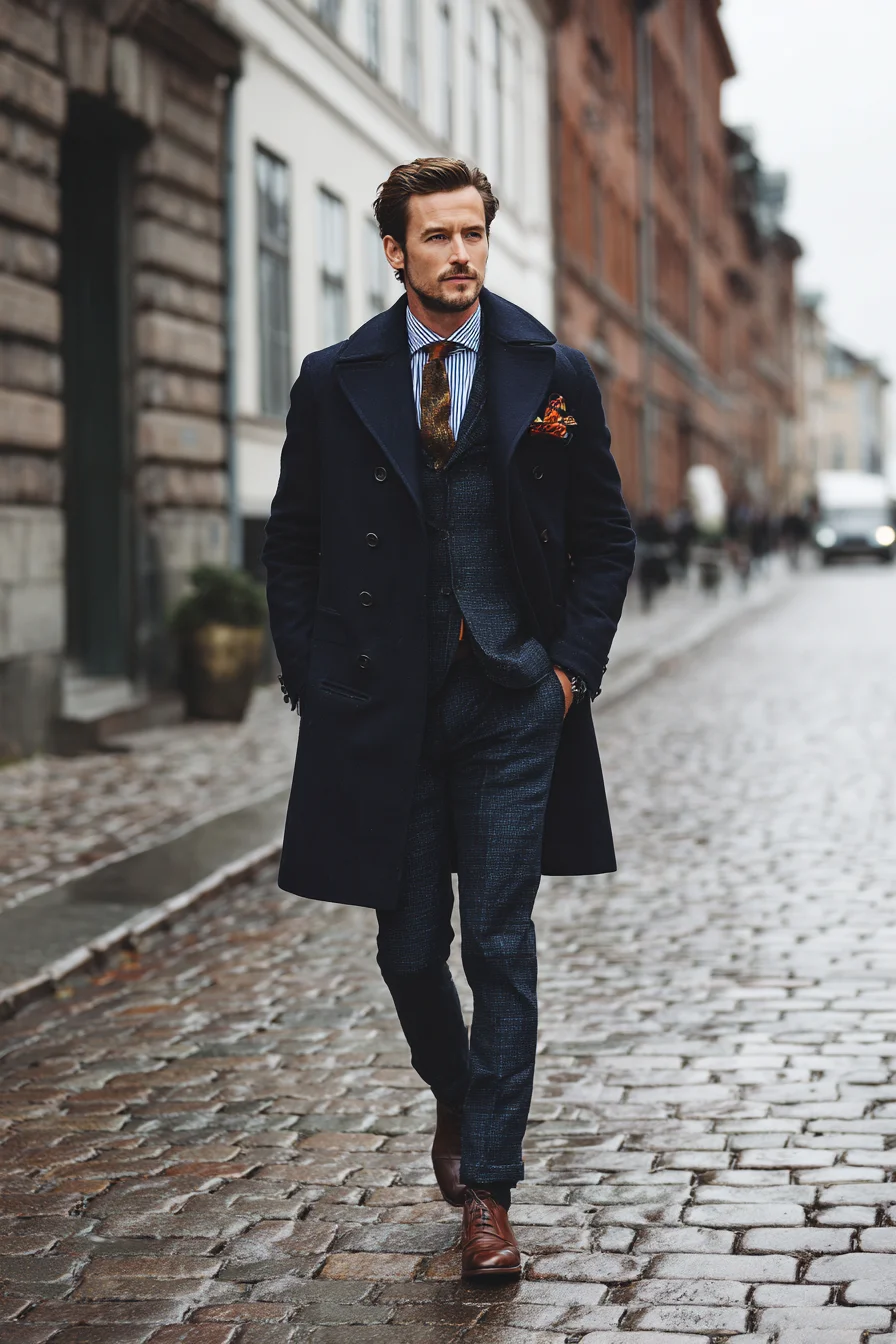 Navy Overcoat with Textured Three‑Piece Suit — Smart Men’s Urban Styling