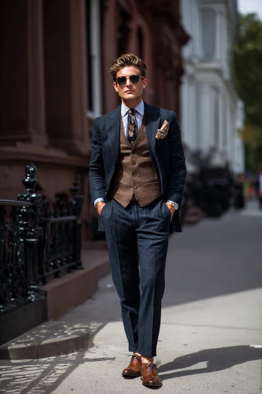 Navy Pinstripe Suit with Brown Tweed Waistcoat — Modern Smart-Casual Styling