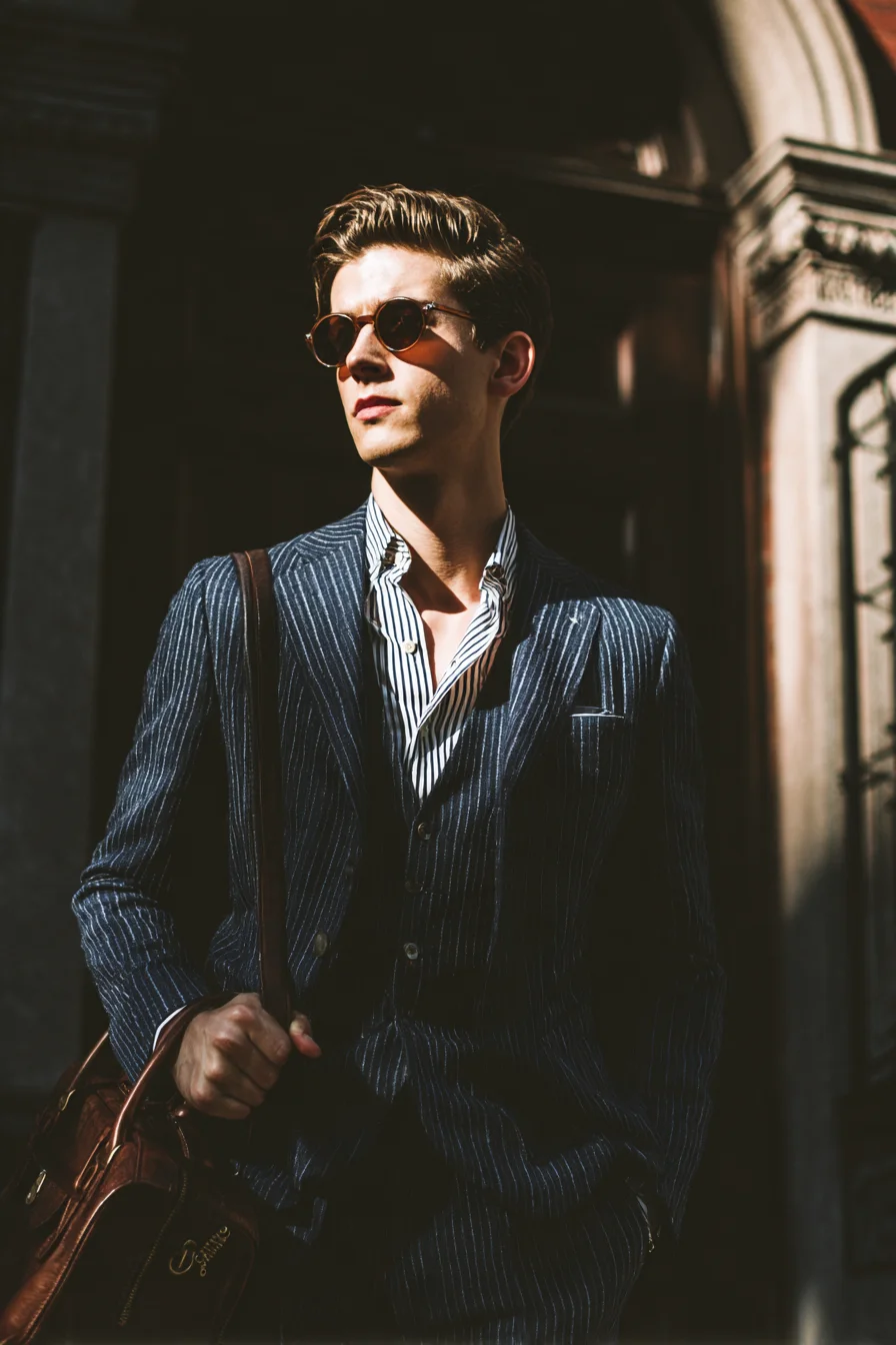Navy Pinstripe Suit with Striped Shirt — Modern Smart‑Casual Mens Tailoring