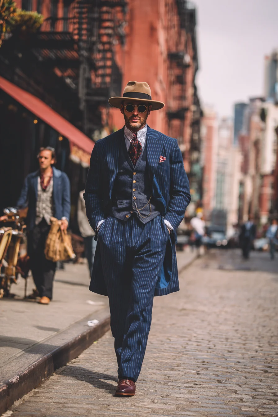 Navy Pinstripe Three-Piece Suit with Fedora — Modern Mens Classic Styling