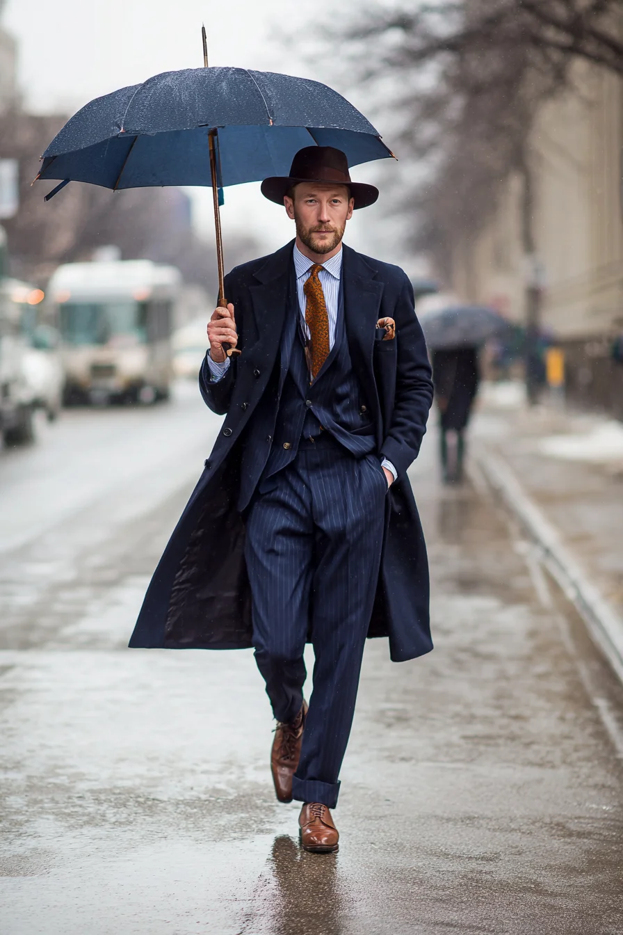 Navy Pinstripe Three-Piece with Overcoat — Timeless Rain-Ready Tailoring