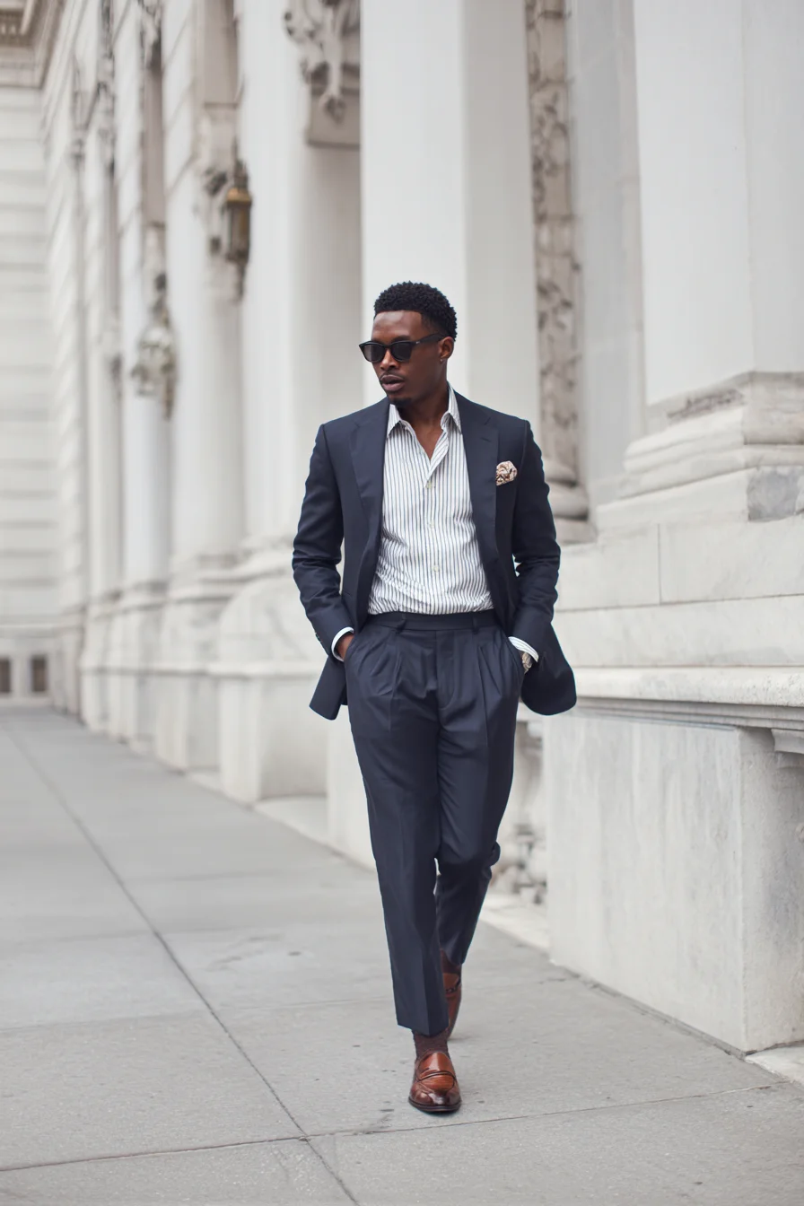 Navy Suit with Striped Shirt: Modern Smart-Casual Tailoring for Men