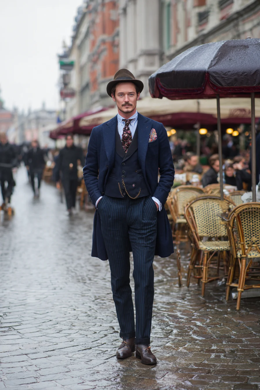 Navy Three‑Piece & Overcoat: Tailored Pinstripes with Brown Leather Accents