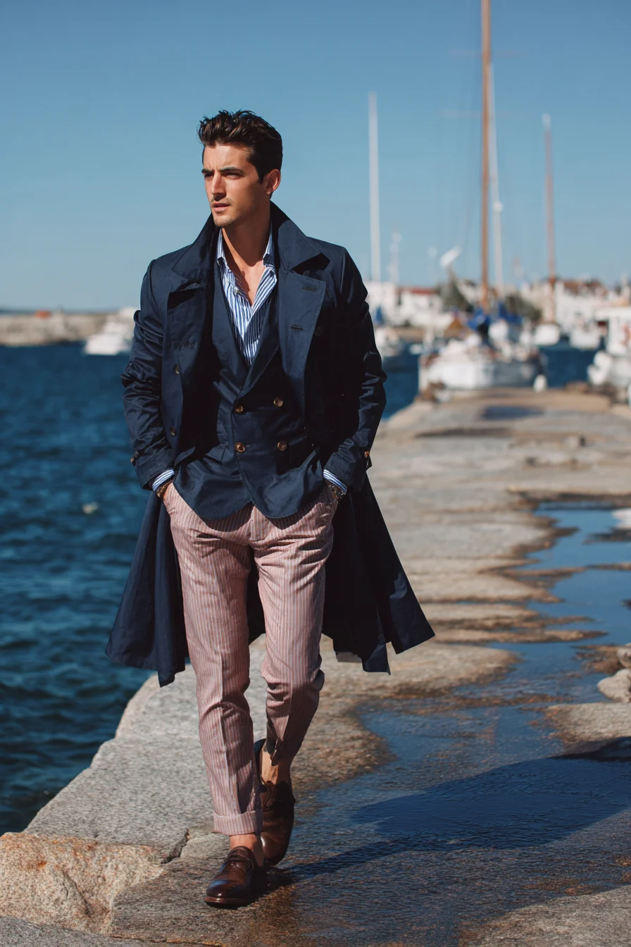 Navy Trench & Double‑Breasted Vest with Striped Trousers — Smart Casual Edge