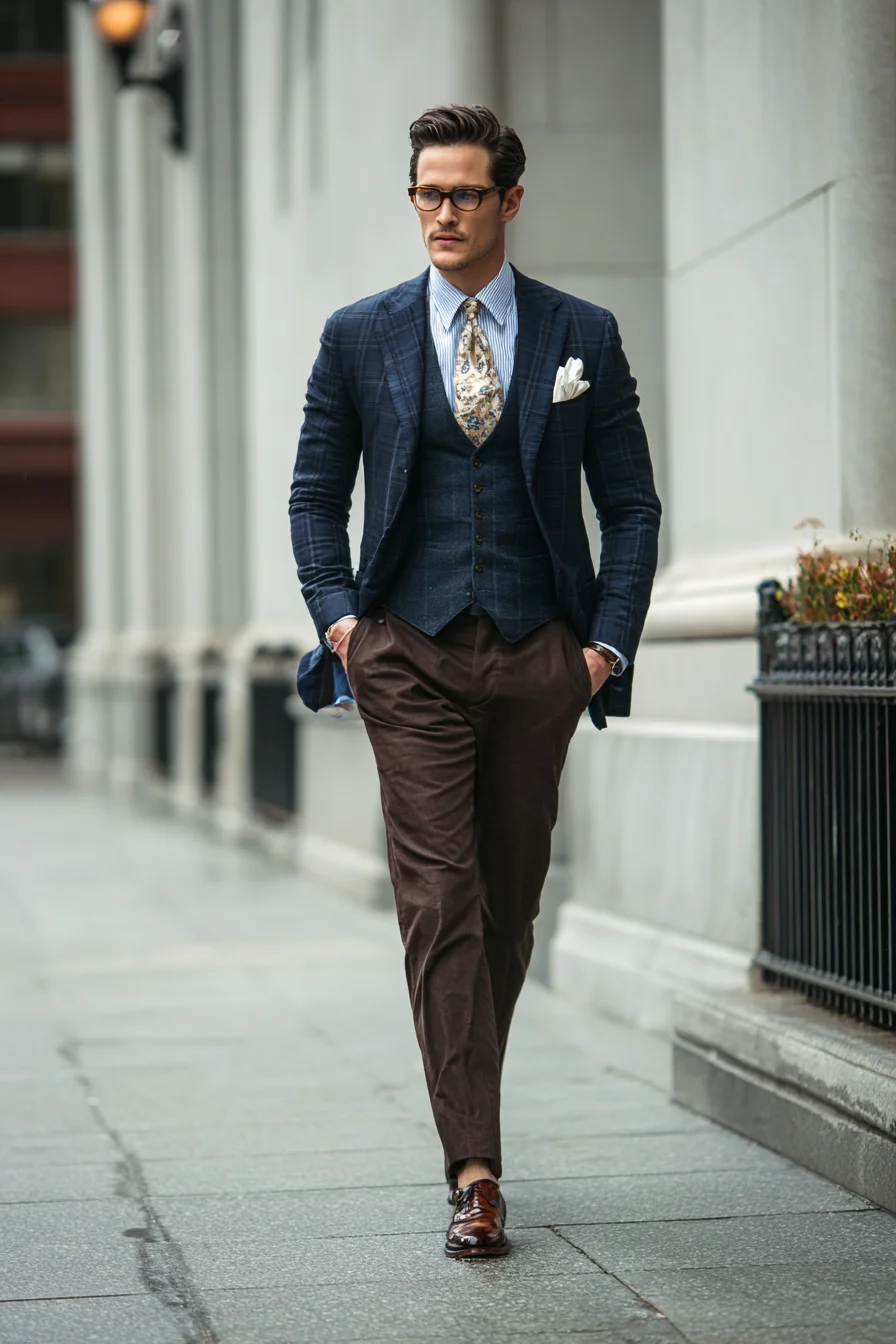 Navy Windowpane Blazer & Brown Trousers — Modern Smart‑Casual Menswear