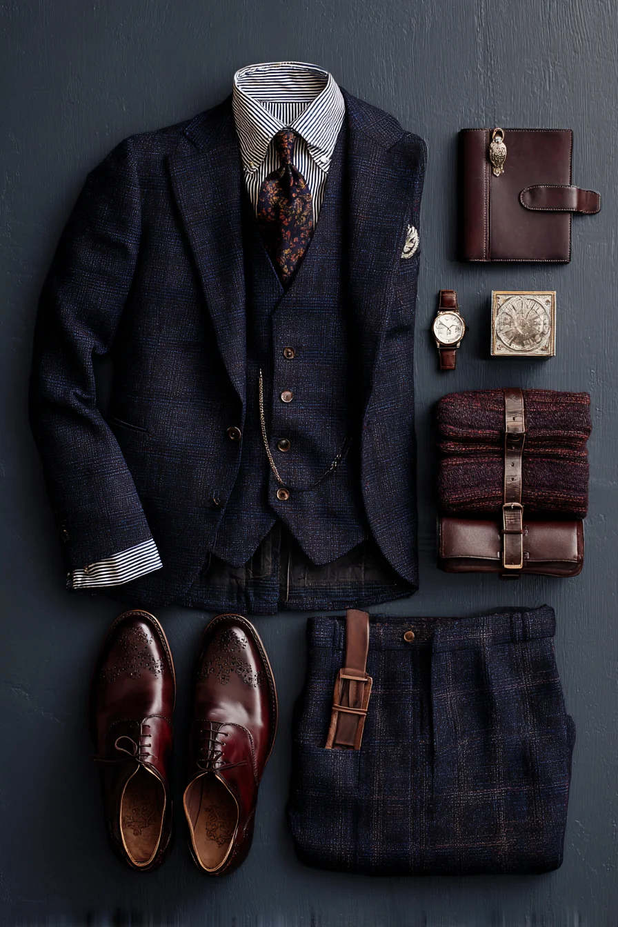 Navy Windowpane Three-Piece Suit with Burgundy Brogues — Modern Smart Dressing