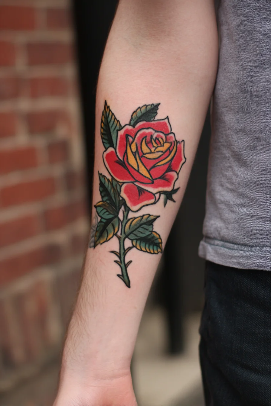 Neo‑Traditional Red Rose Forearm Tattoo — Bold Masculine Floral Design