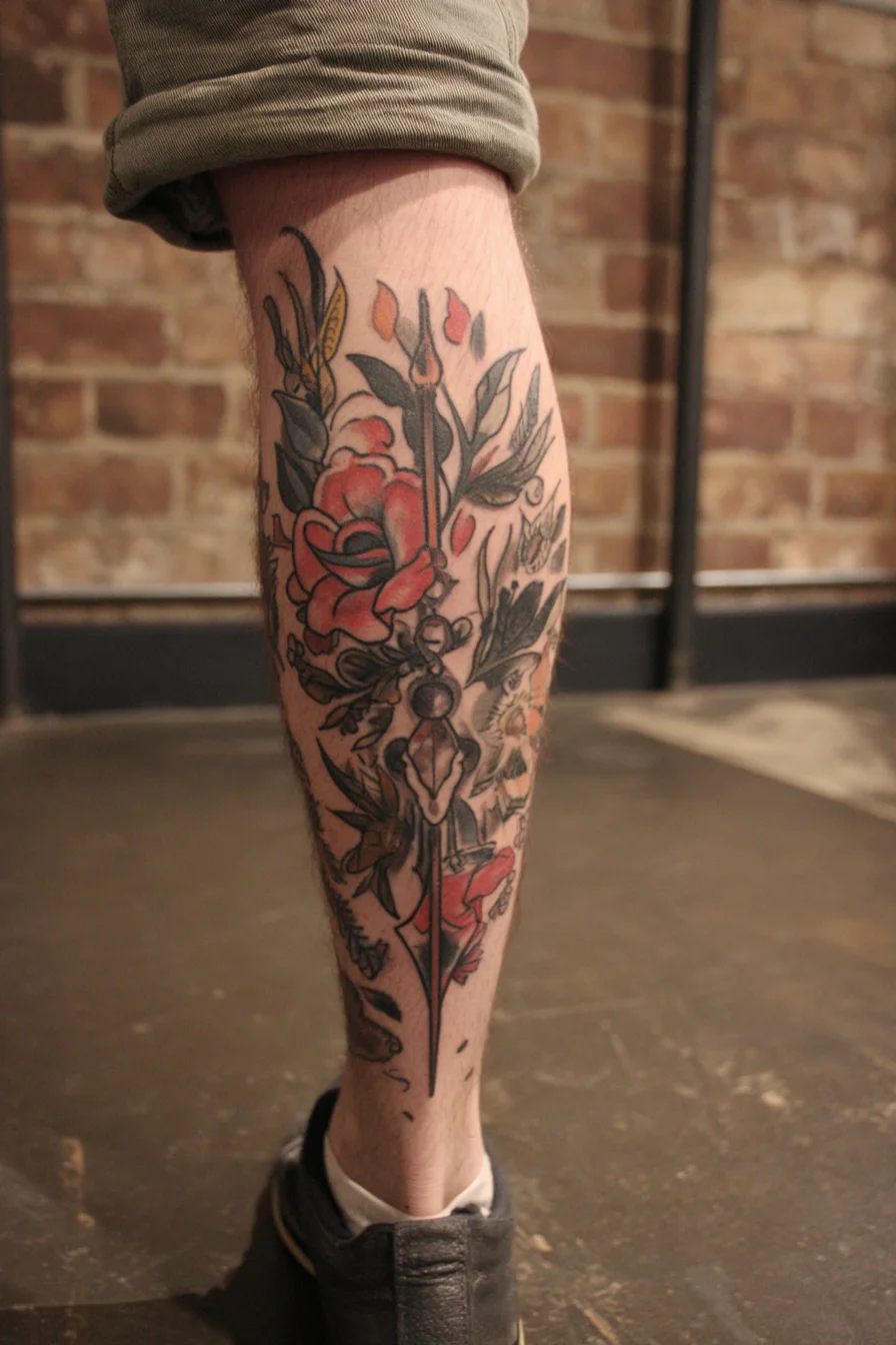 ## Neo-Traditional Rose & Dagger Calf Tattoo