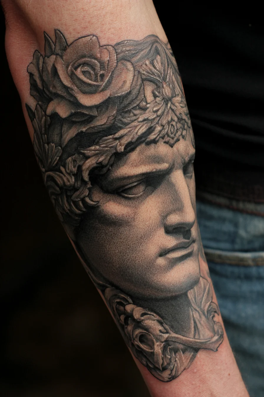 Neoclassical Bust Forearm Tattoo — Black & Grey Realism for Men