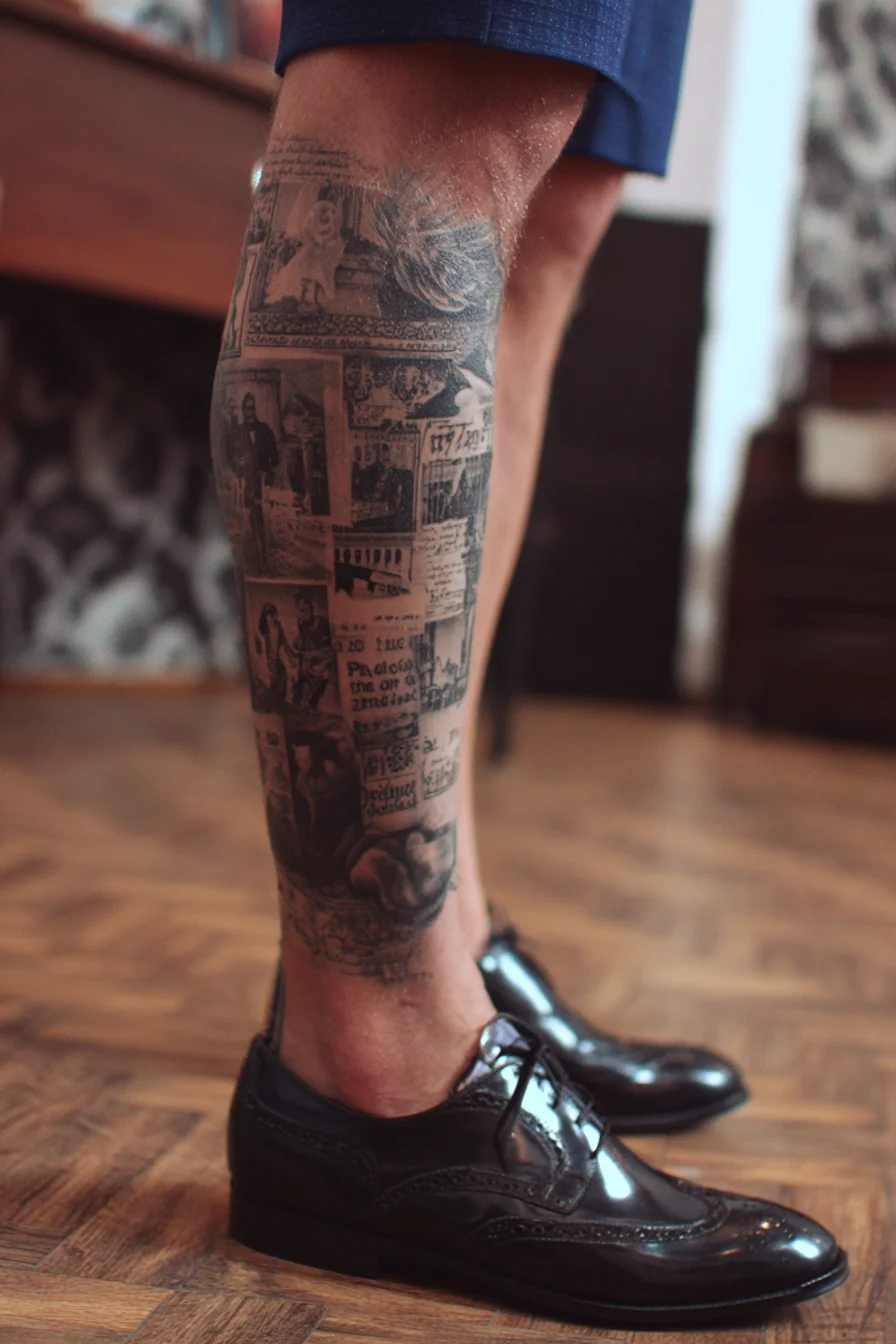 Newspaper Collage Calf Tattoo — Vintage Black & Grey Leg Piece for Men