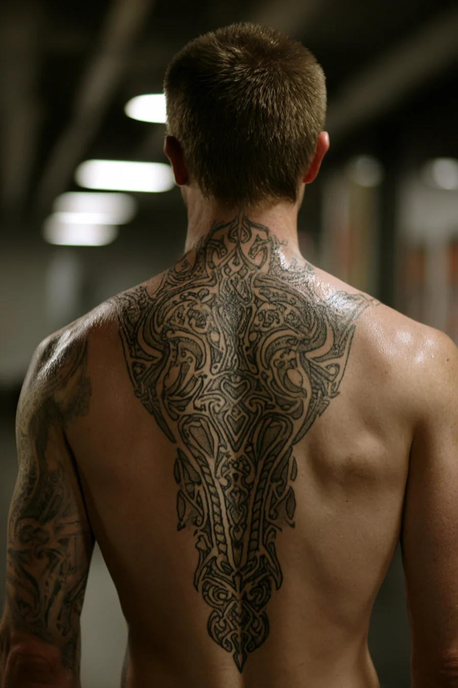 Norse Knotwork Spine Backpiece — Tribal Blackwork Upper-Back Tattoo