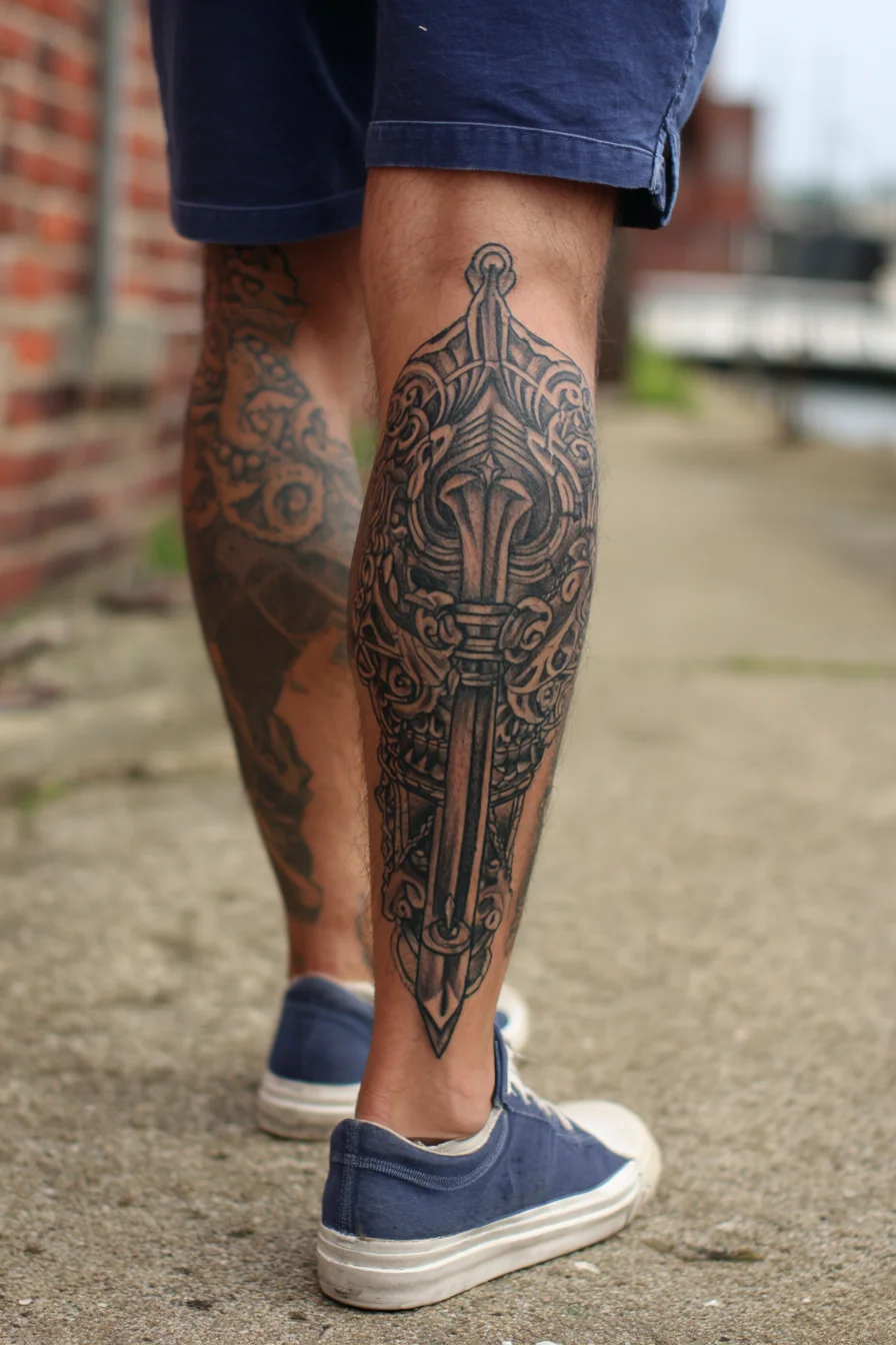 Norse Sword Calf Tattoo — Viking Knotwork Dagger Design