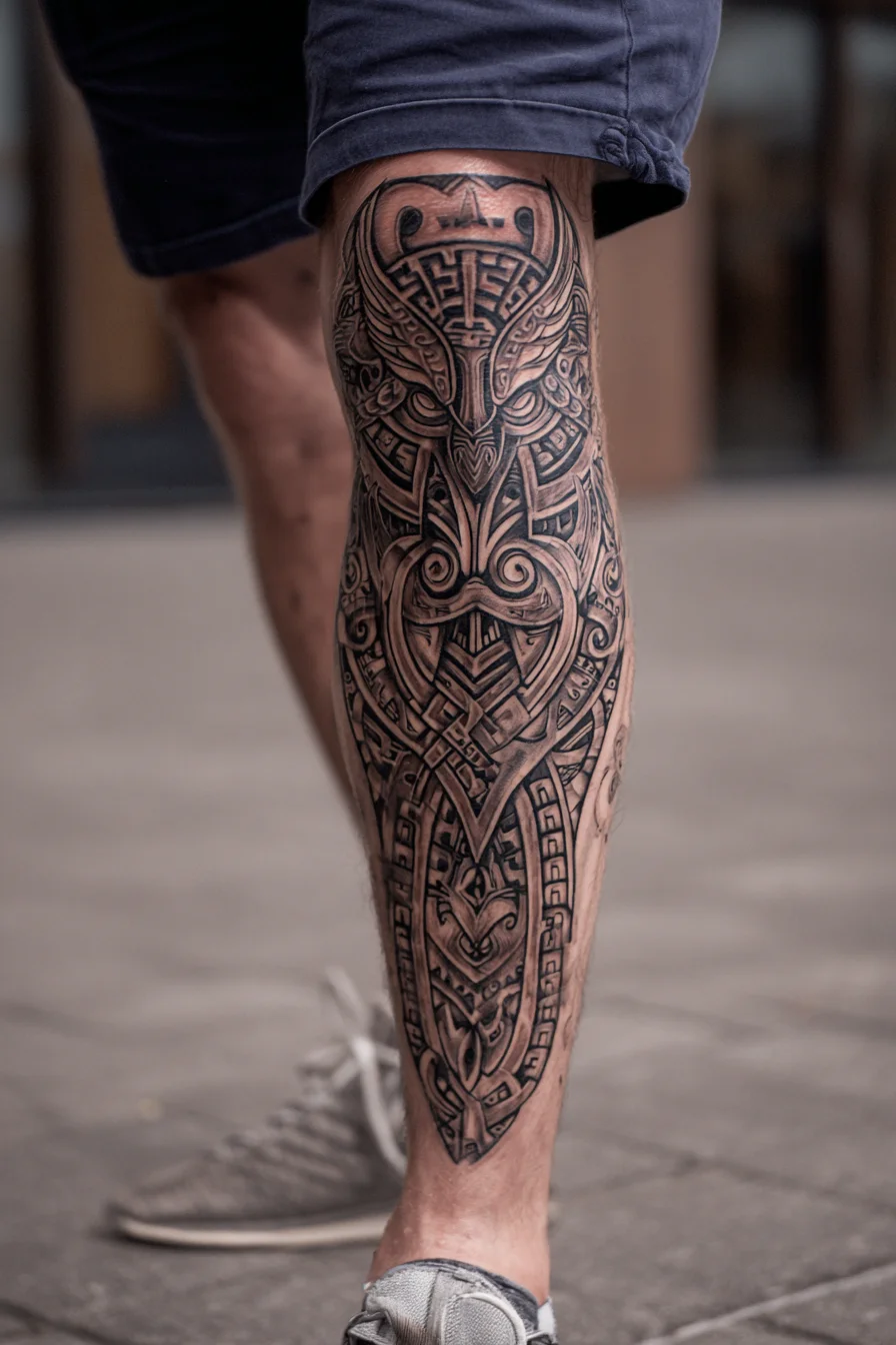Norse Viking Knotwork Calf Tattoo — Intricate Tribal Leg Sleeve