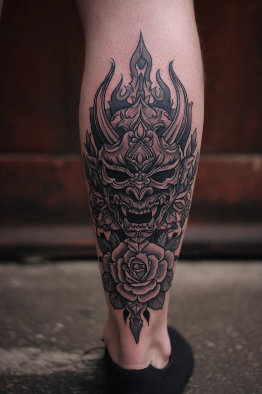 Oni Mask Calf Tattoo with Rose — Black & Gray Japanese Demon Design