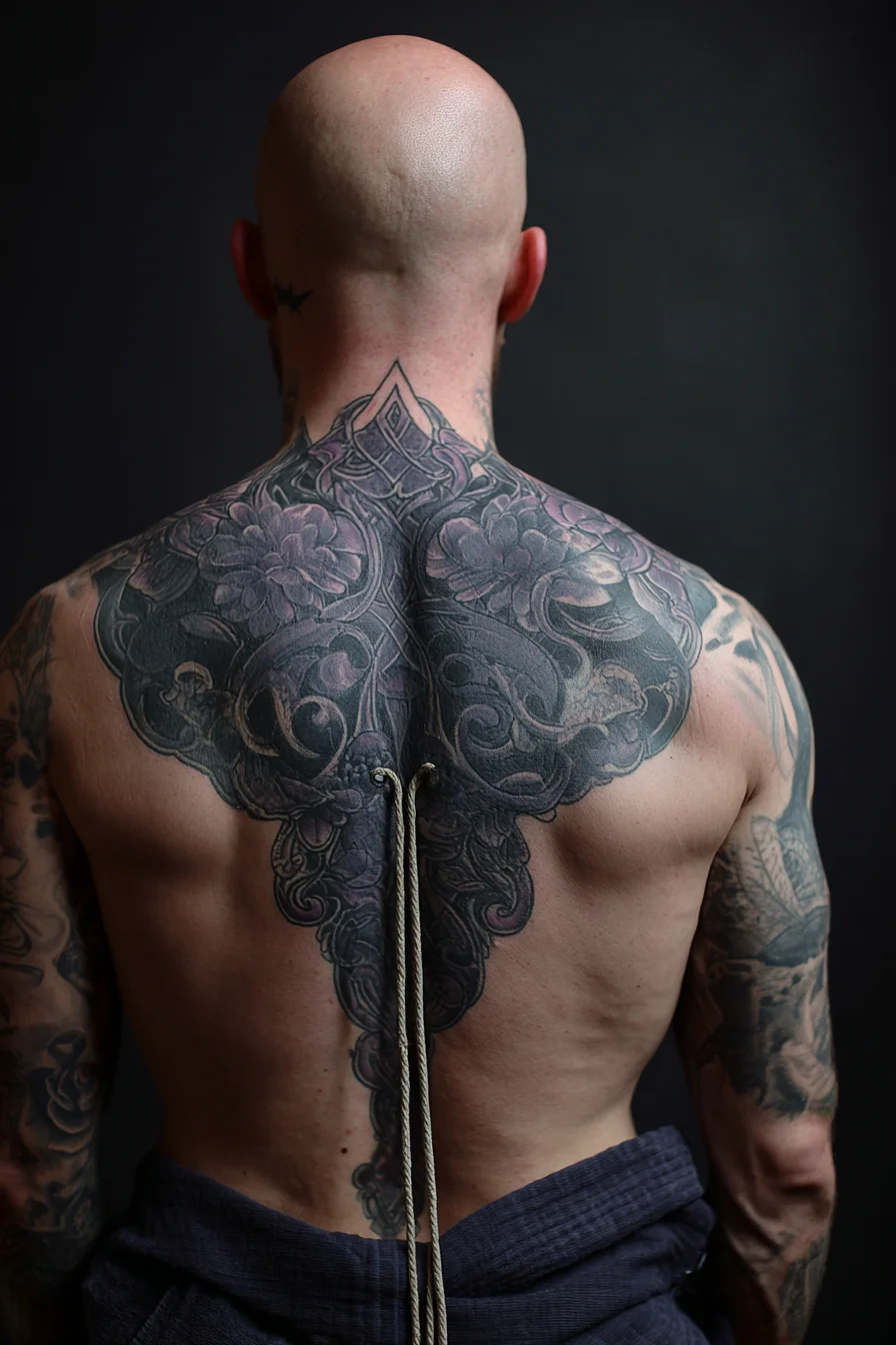 Ornamental Black & Grey Floral Backpiece Tattoo — Upper Back and Spine