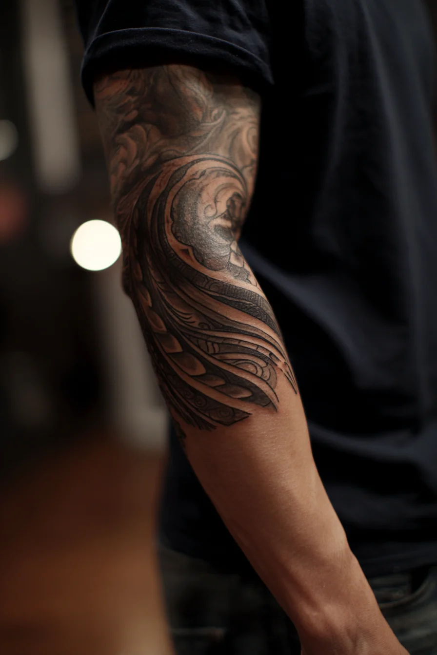 Ornamental Black & Grey Wing/Feather Forearm Tattoo for Men
