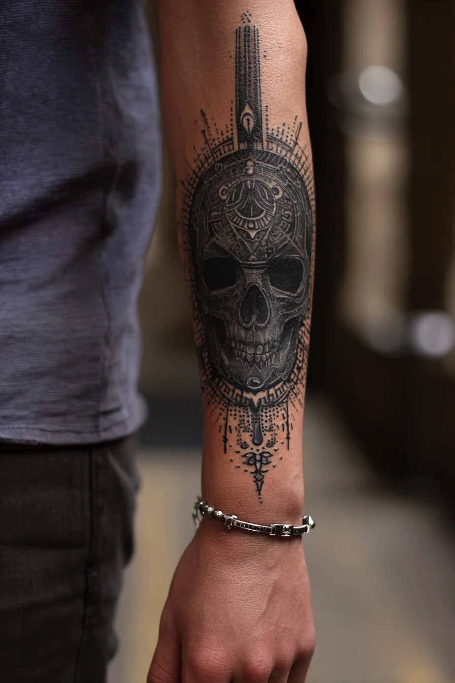 Ornamental Blackwork Skull Forearm Tattoo — Dotwork & Geometric Details