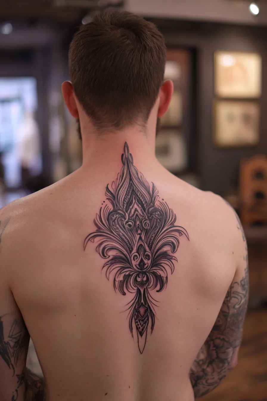 Ornamental Blackwork Spine Tattoo — Filigree Back Piece