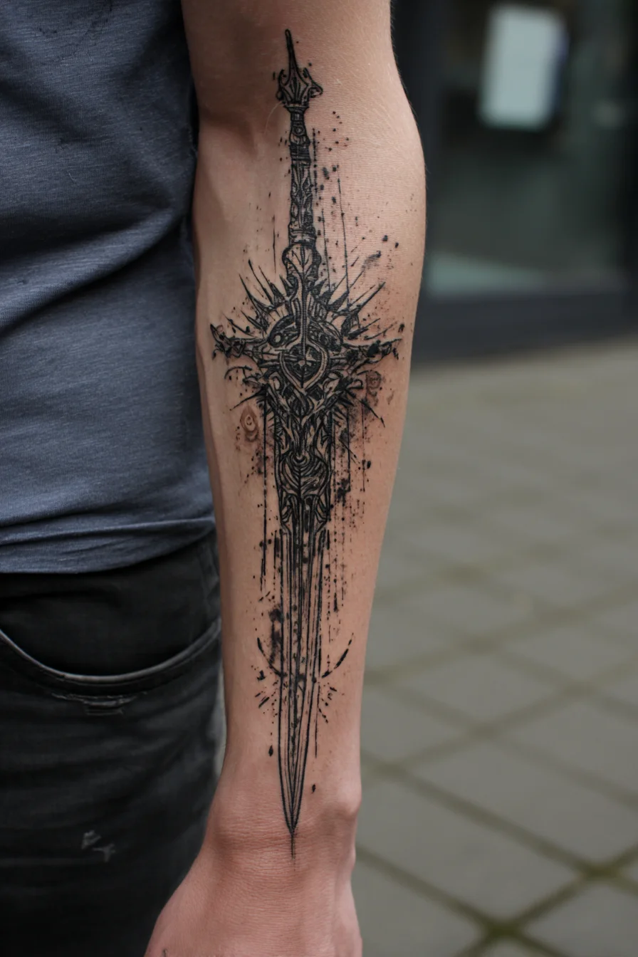 Ornamental Blackwork Sword Forearm Tattoo — Long Blade Ink‑Splatter Style