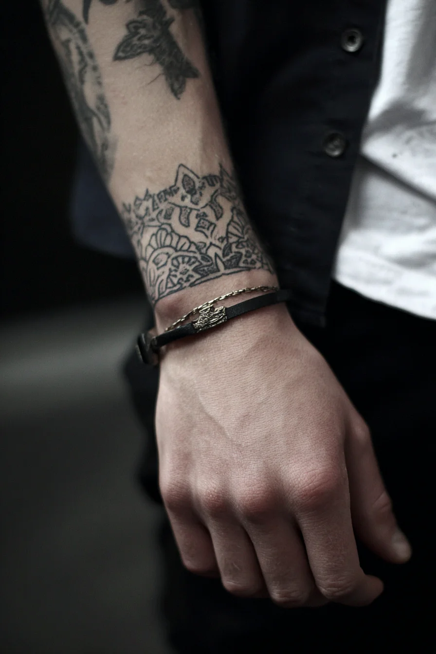 Ornamental Blackwork Wrist Band Tattoo — Geometric Floral Forearm Cuff
