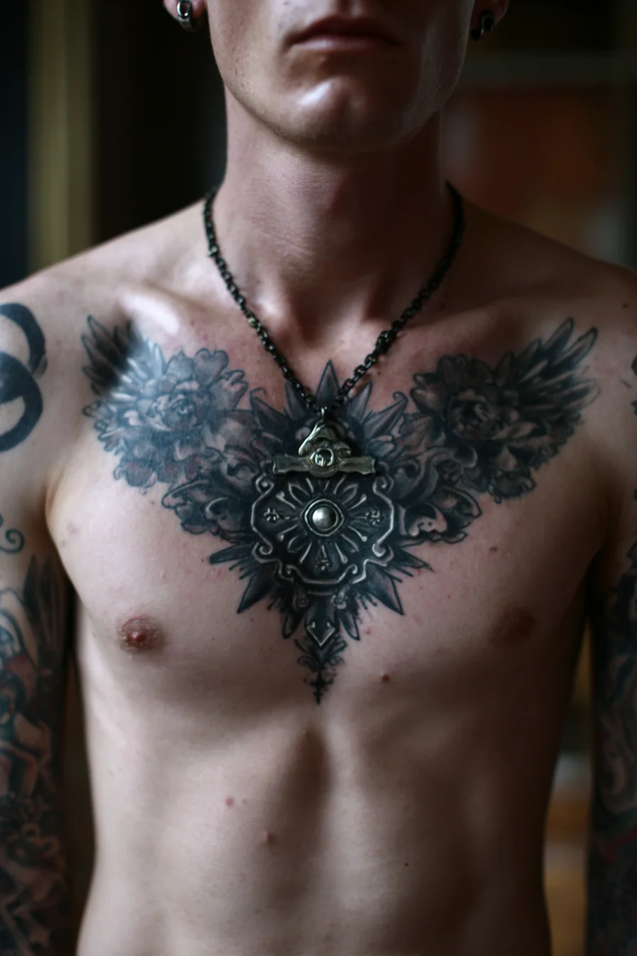 Ornamental Chest Medallion with Floral Wings — Black & Grey Sternum Tattoo