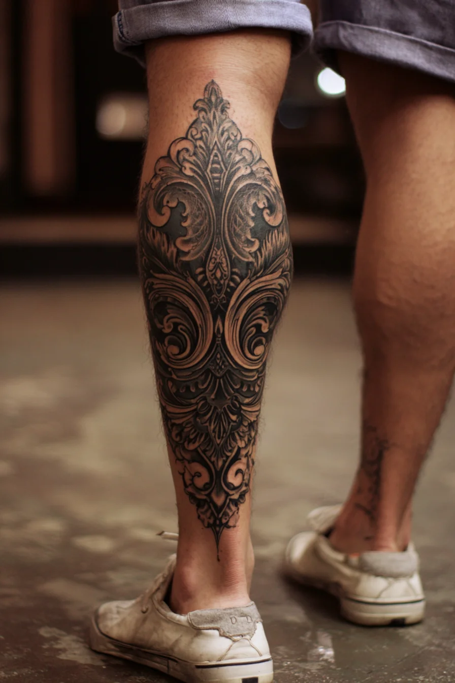 Ornamental Filigree Calf Tattoo — Blackwork Baroque Leg Piece