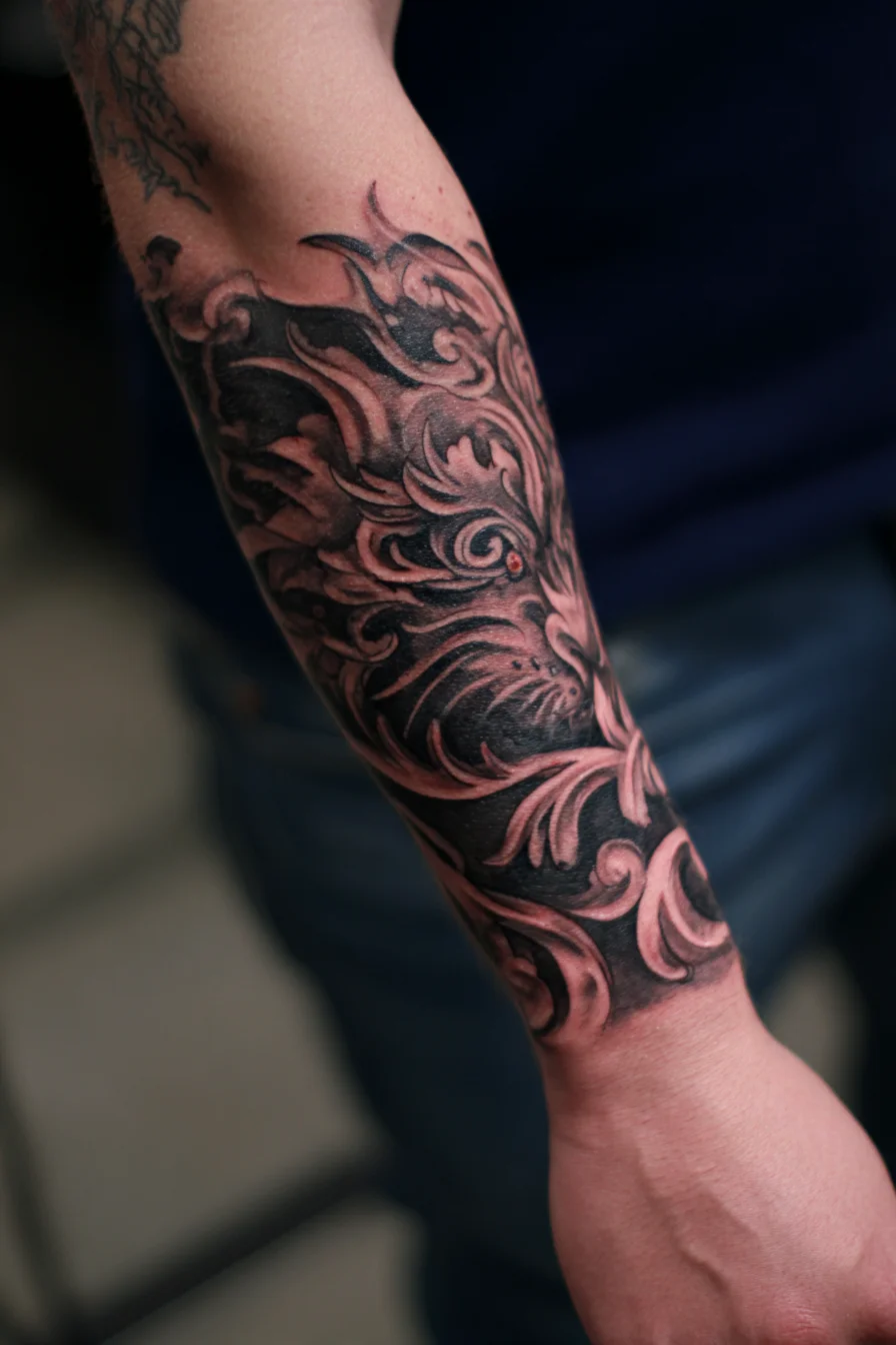 Ornamental Lion Forearm Tattoo — Black & Gray Filigree Sleeve