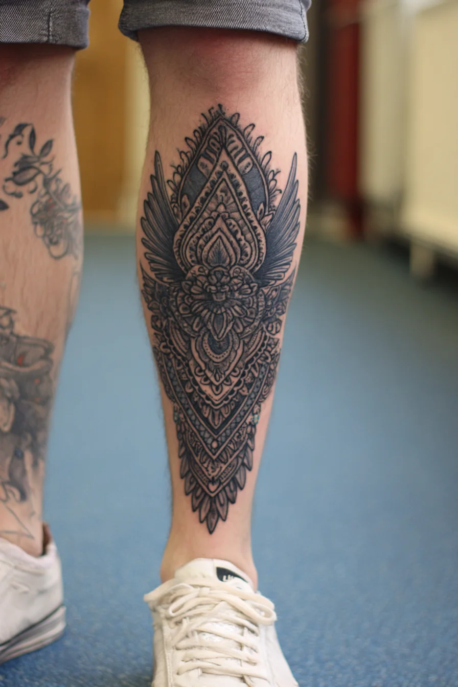 Ornamental Mandala Calf Tattoo — Geometric Blackwork with Winged Motif