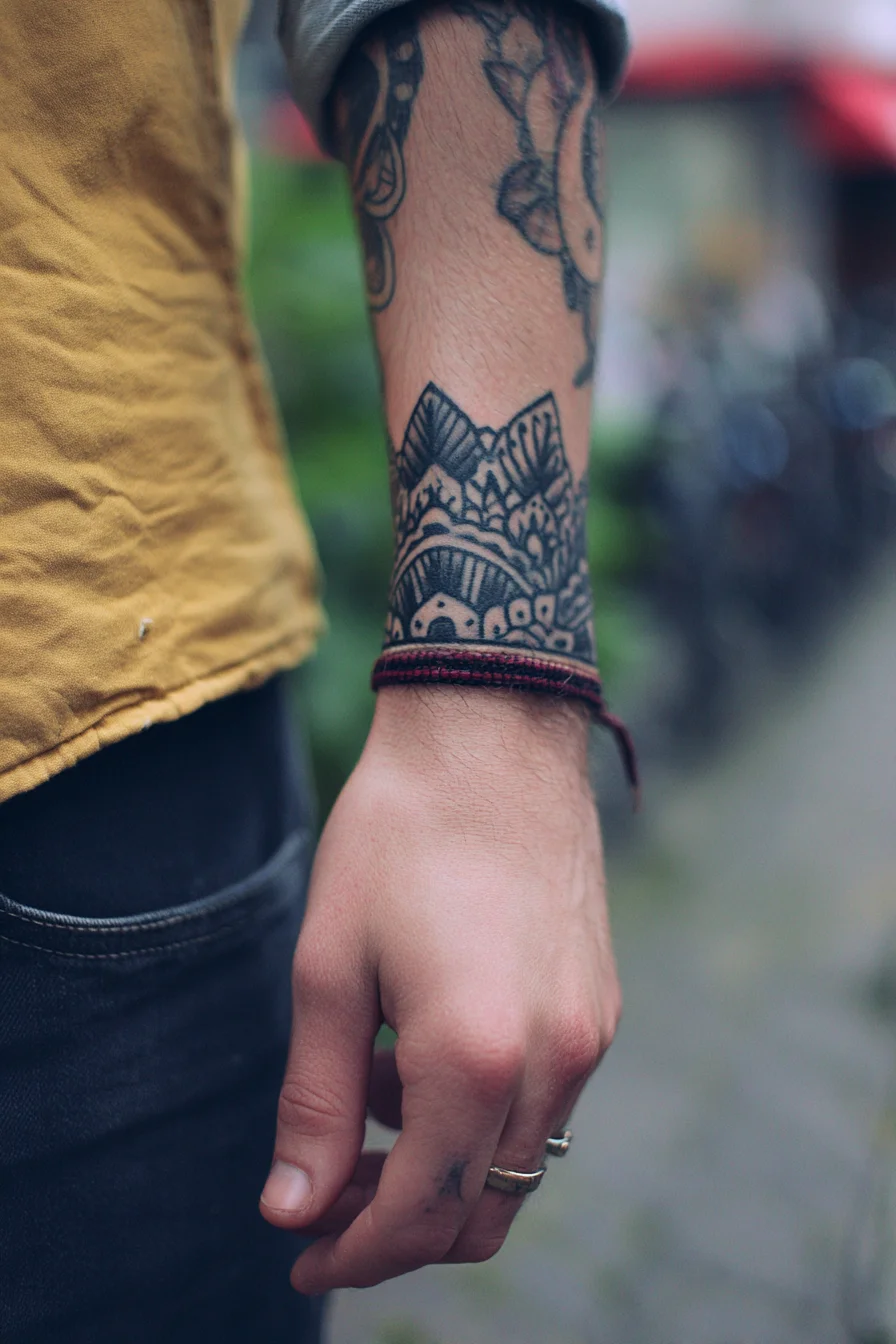 Ornamental Mandala Cuff Wrist Tattoo — Bold Blackwork Wristband