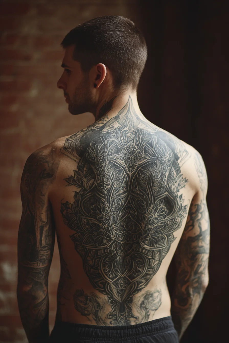 Ornamental Mandala Full-Back Tattoo — Blackwork & Dotwork Spine Design