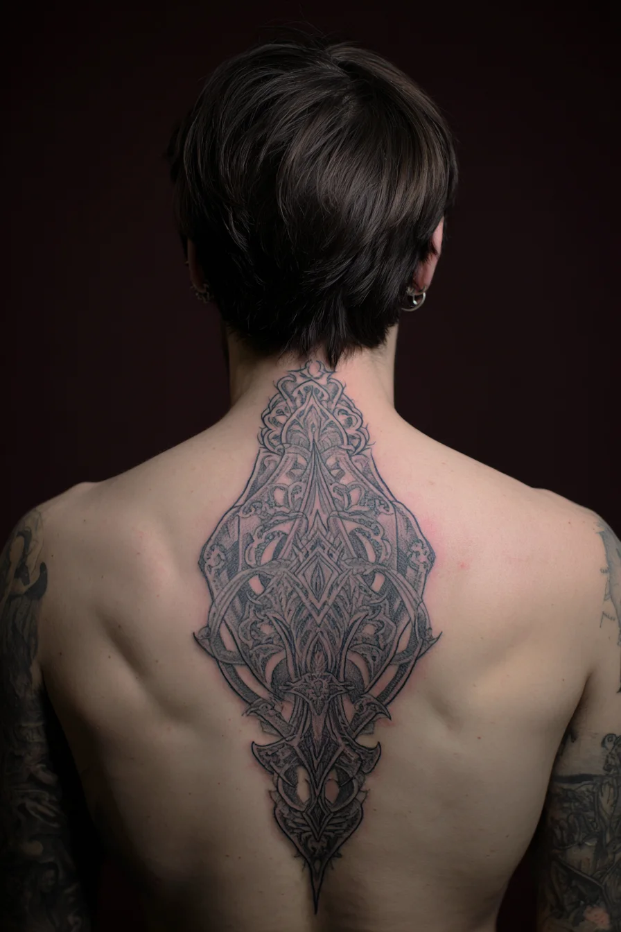 Ornamental Spine Back Tattoo — Blackwork Symmetrical Nordic-inspired Design