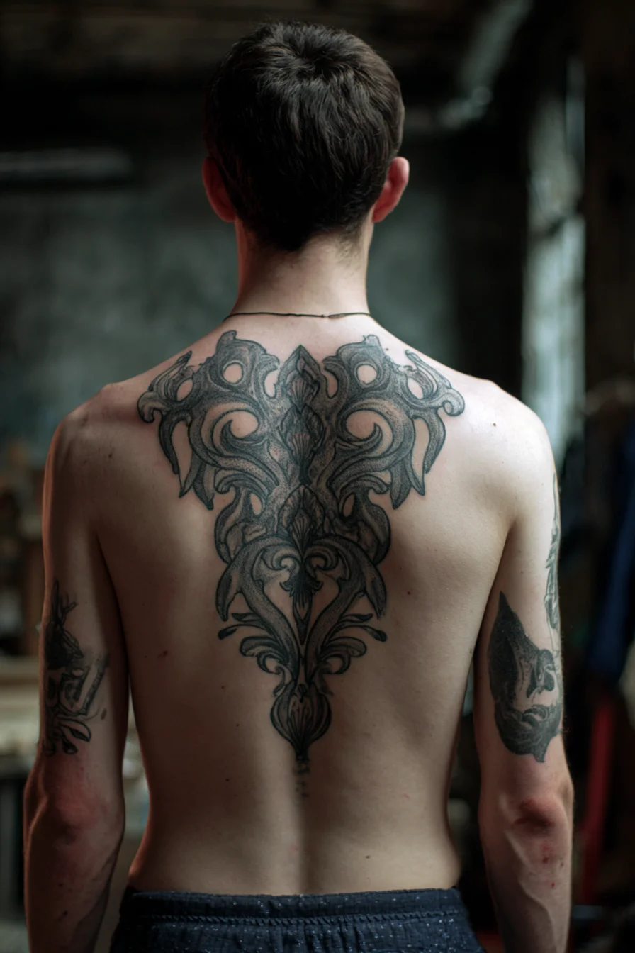 Ornamental Symmetrical Back Tattoo — Blackwork Filigree Design