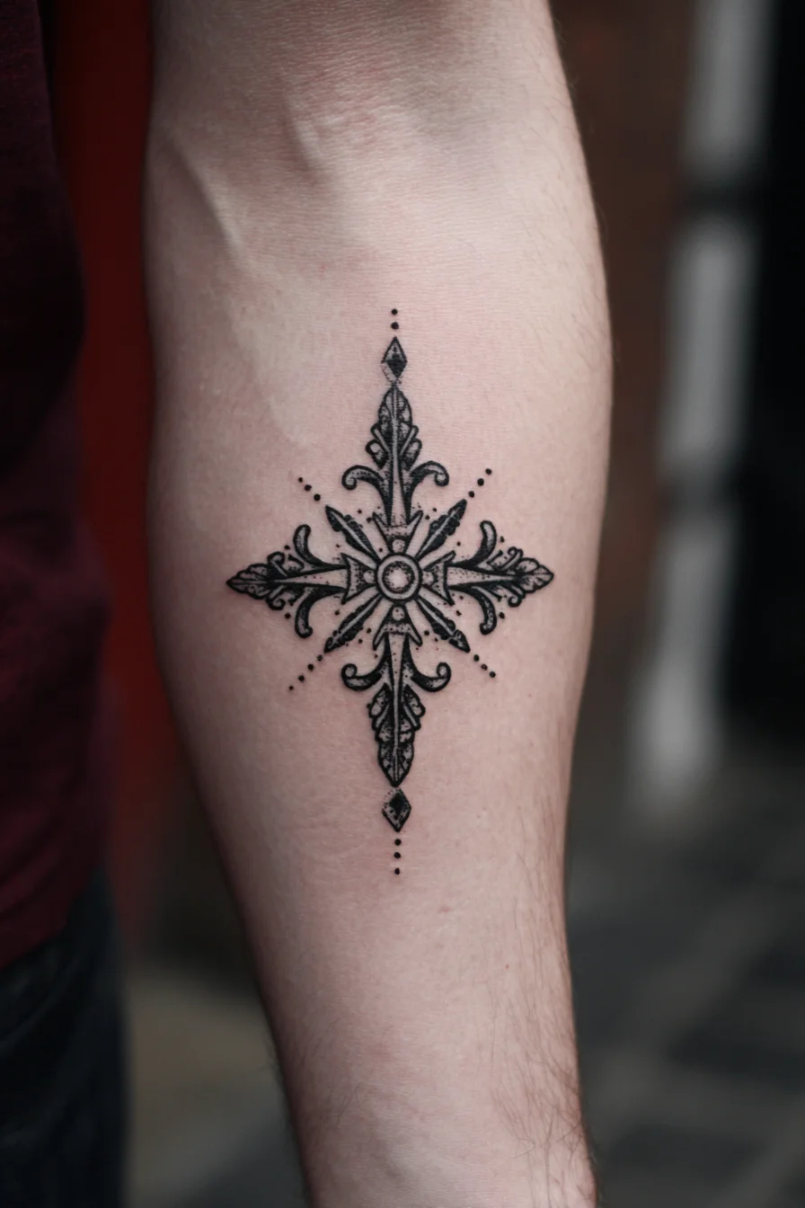 Ornate Compass-Cross Forearm Tattoo — Dotwork Blackwork Design