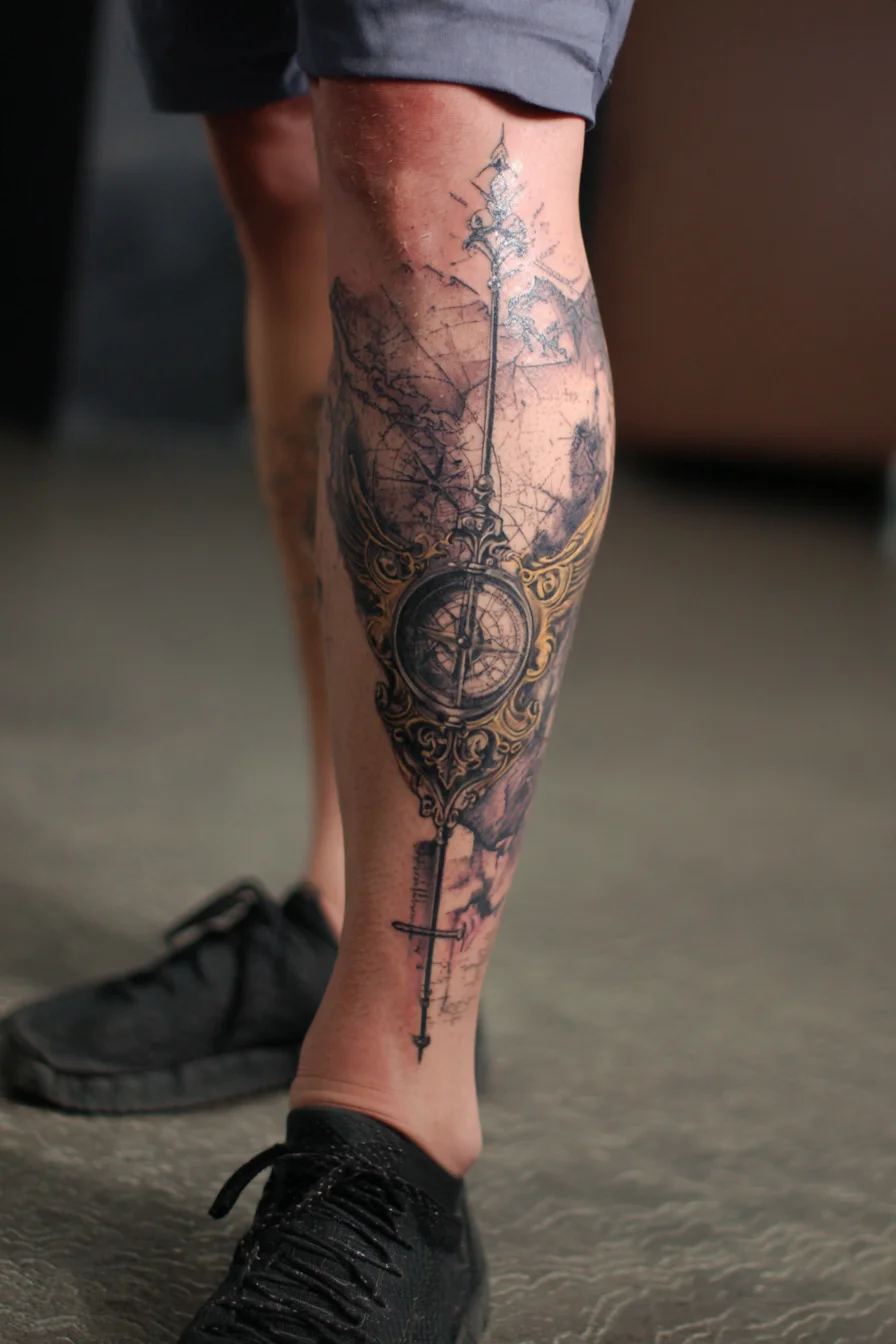 Ornate Compass & Map Calf Tattoo — Direction, Travel, and Resilience