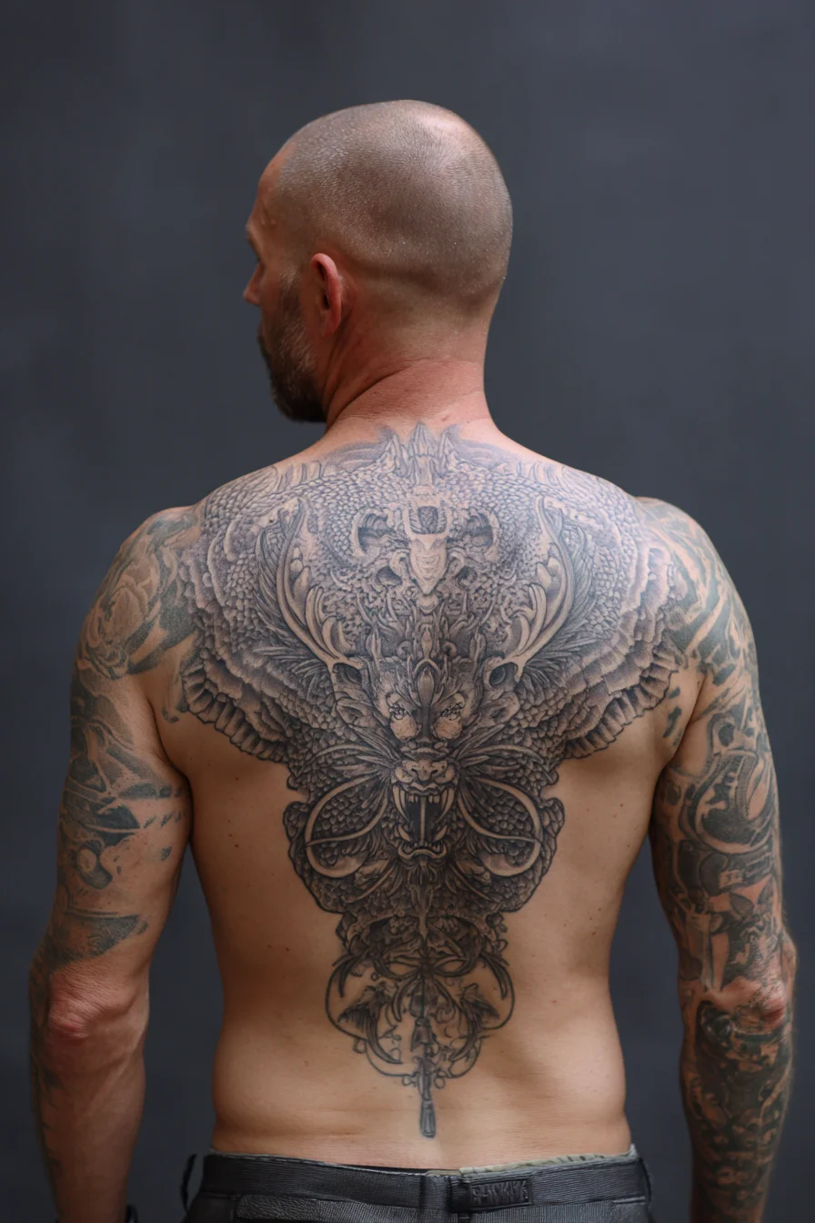 Ornate Dragon-Beast Full-Back Tattoo — Black & Grey Symmetrical Design