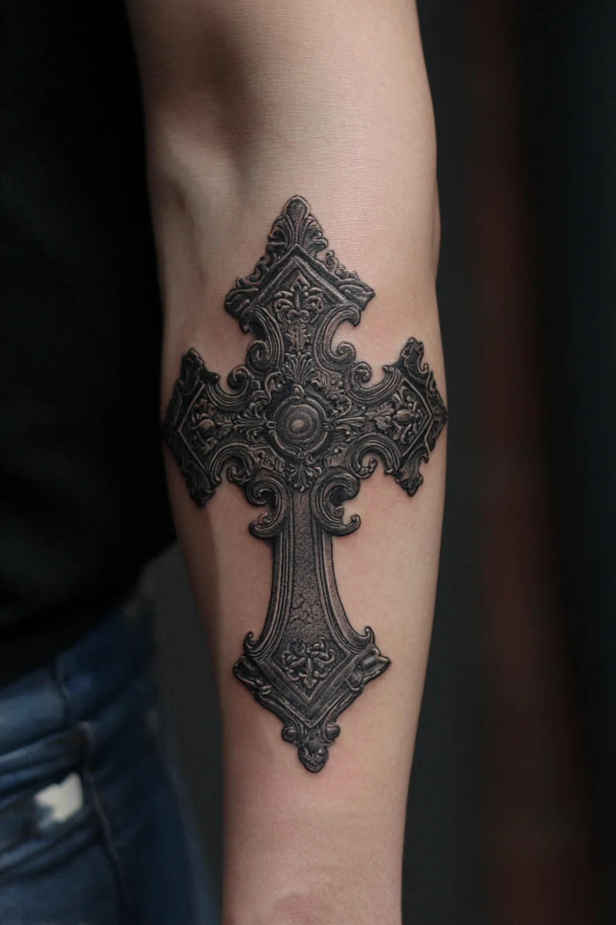Ornate Filigree Cross Tattoo — Forearm Black & Grey Design