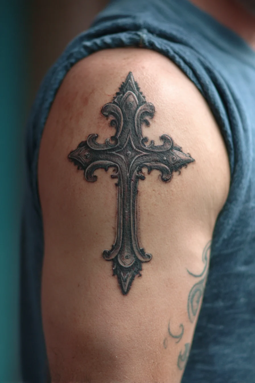 Ornate Gothic Cross Tattoo — Upper Arm Black & Grey Christian Design