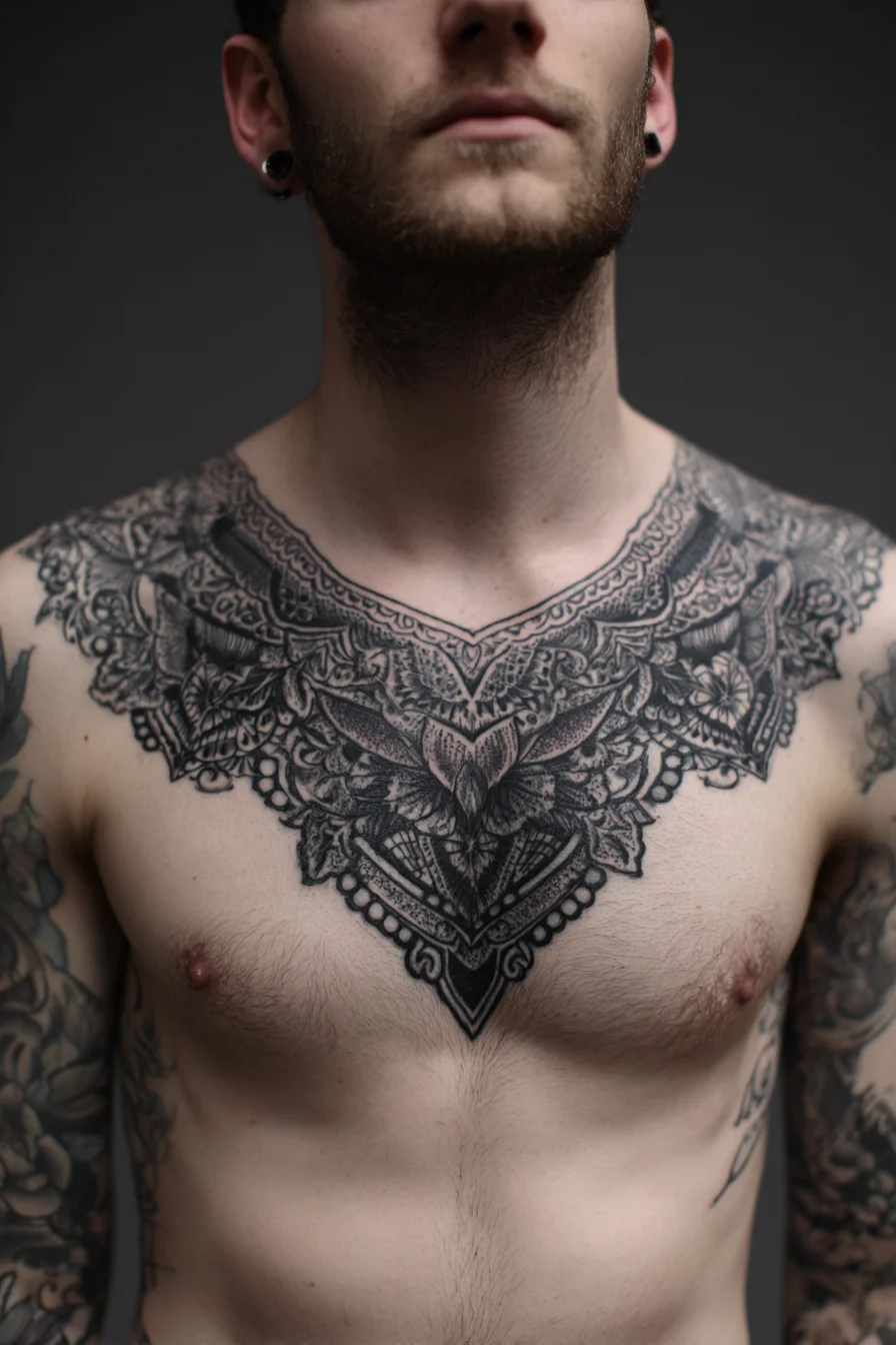 Ornate Mandala Chest Piece — Blackwork Symmetrical Sternum Tattoo