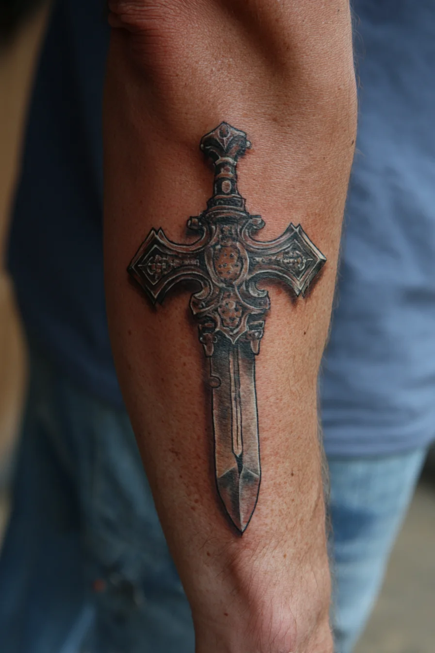 Ornate Sword-Cross Forearm Tattoo — Medieval Blade & Cross (Black & Grey)