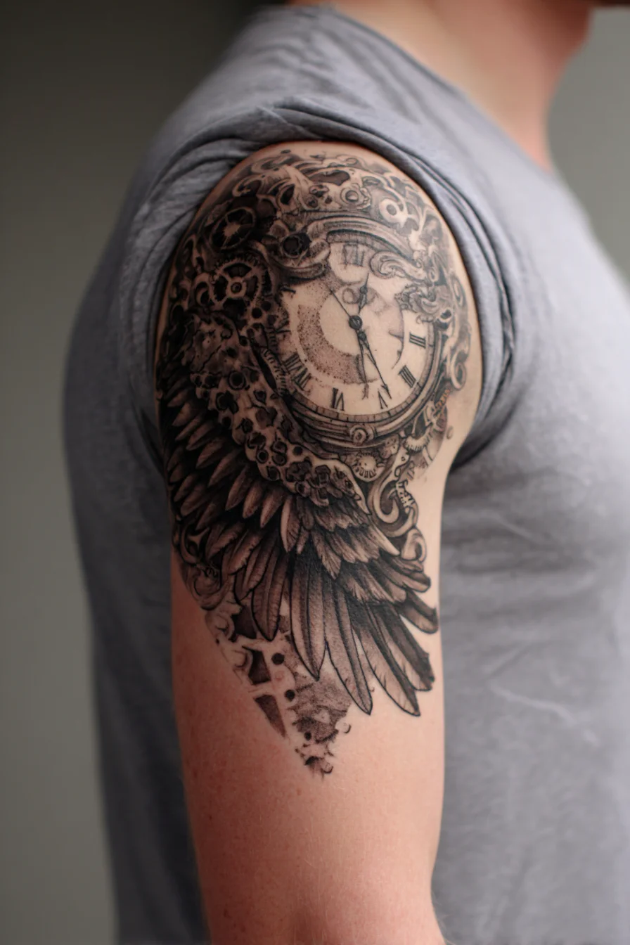 Pocket Watch with Wing Half-Sleeve Tattoo — Black & Grey Realism