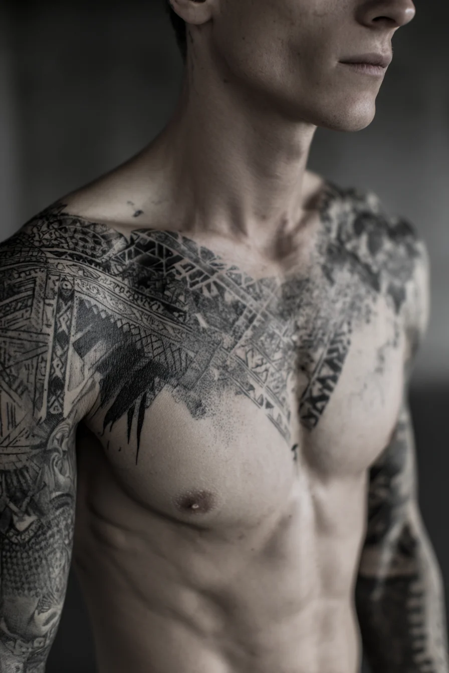 Polynesian Blackwork Chest & Sleeve Tattoo — Geometric Tribal, Dotwork, Masculine