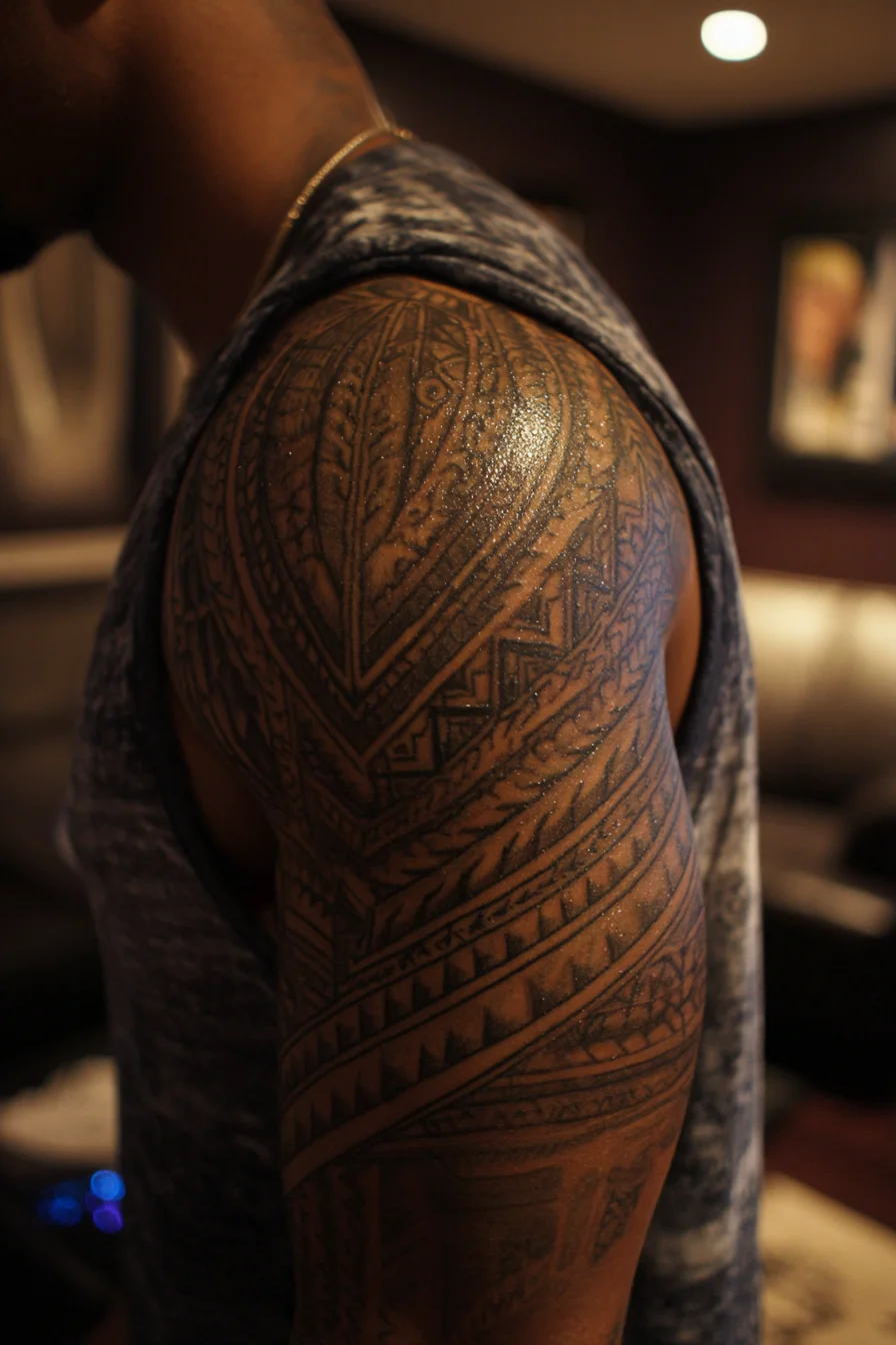 Polynesian-Inspired Tribal Shoulder Sleeve Tattoo — Geometric Armor