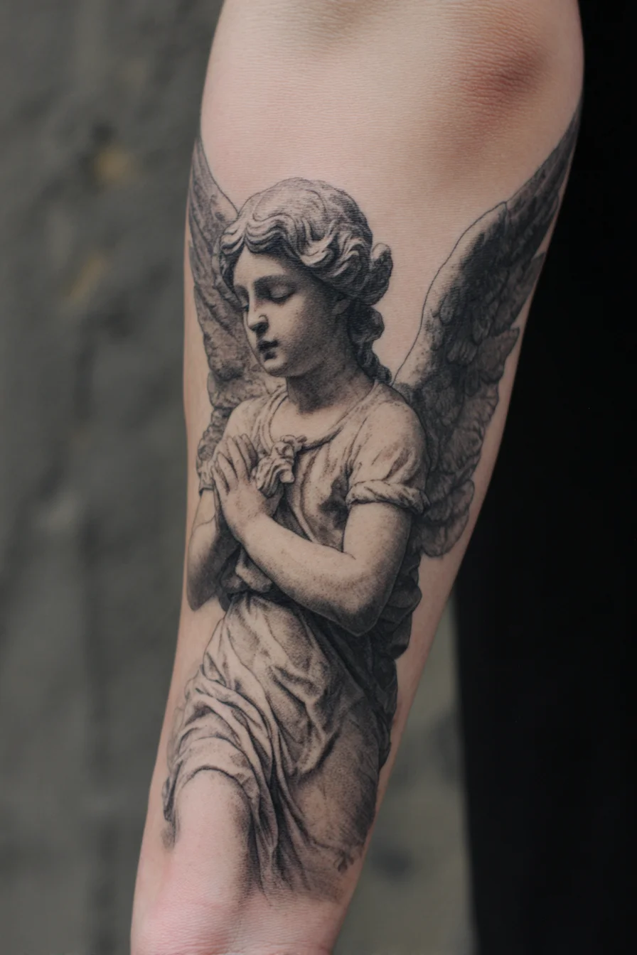 Praying Angel Forearm Tattoo — Black & Grey Realism, Memorial & Spiritual Design