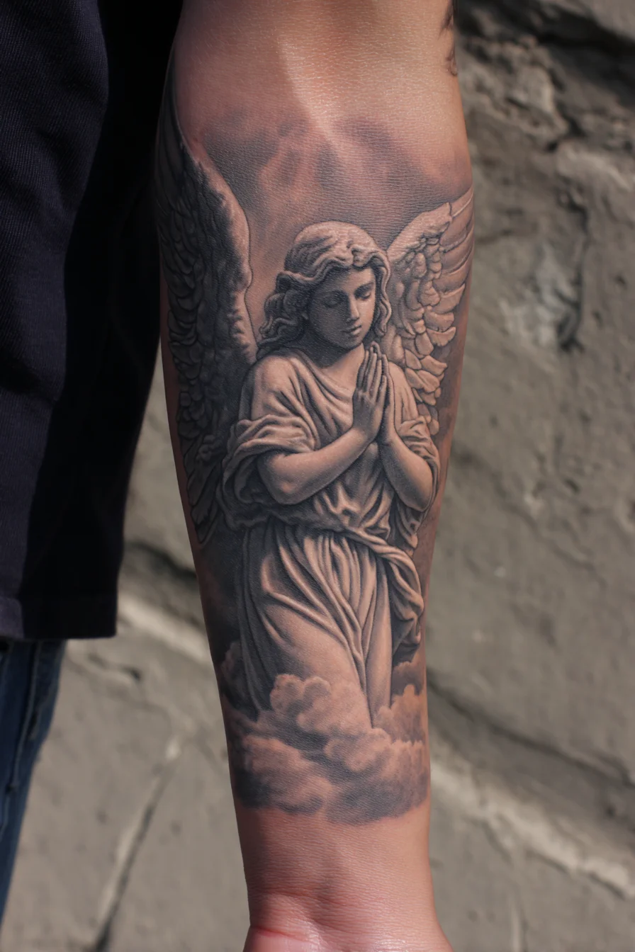 Praying Angel Forearm Tattoo - Realistic Black & Grey Guardian Design
