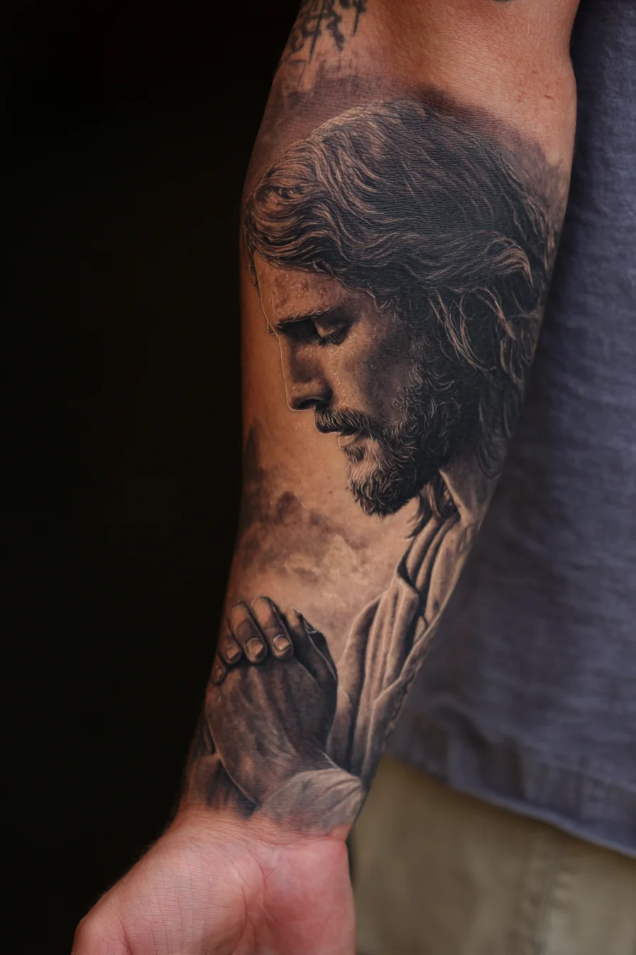 Praying Jesus Forearm Tattoo — Black & Grey Portrait Realism