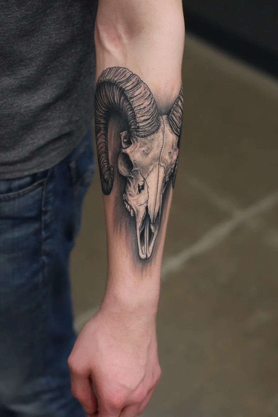 Ram Skull Forearm Tattoo — Black & Grey Realism for Men
