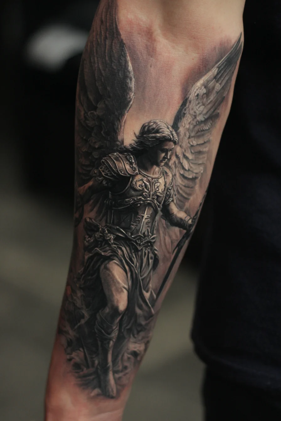 Realistic Archangel Forearm Tattoo — Black & Grey Guardian Warrior Design
