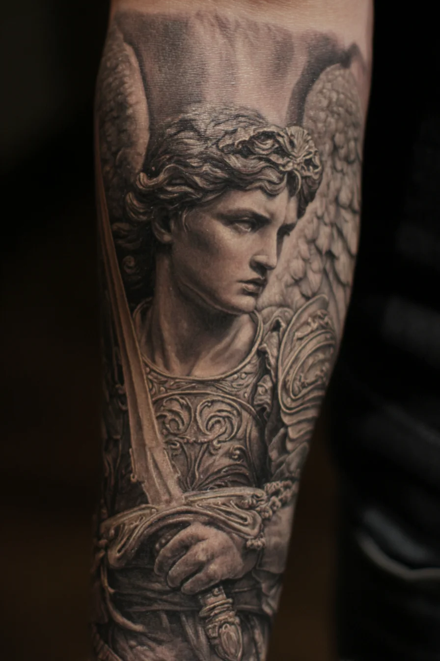 Realistic Archangel Michael Forearm Tattoo — Black & Grey Sword & Armor