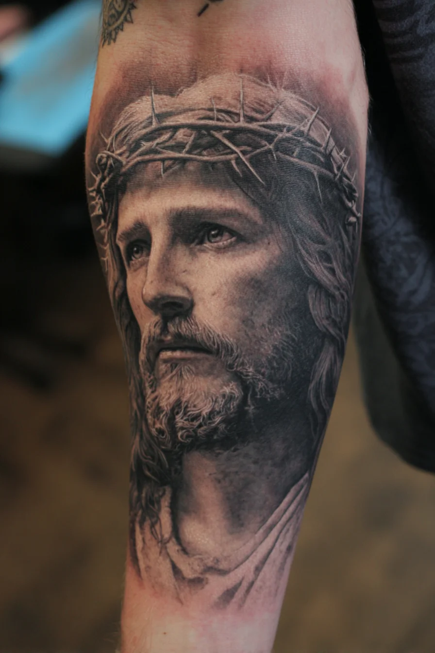 Realistic Black-and-Grey Jesus Portrait with Crown of Thorns